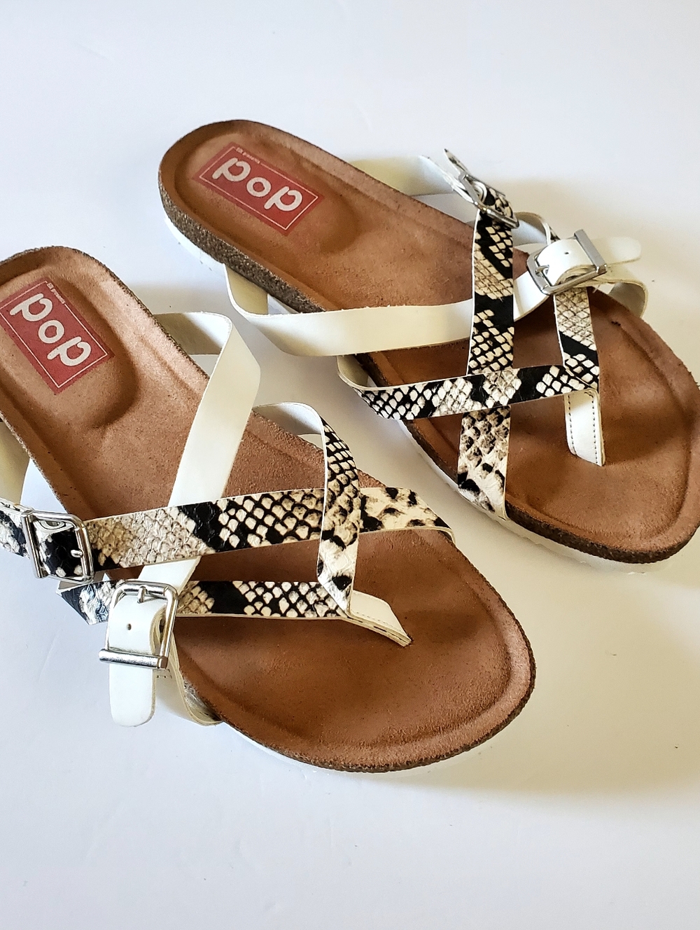 pop White and Snake-Print Buckle Slide Sandals Size 10M